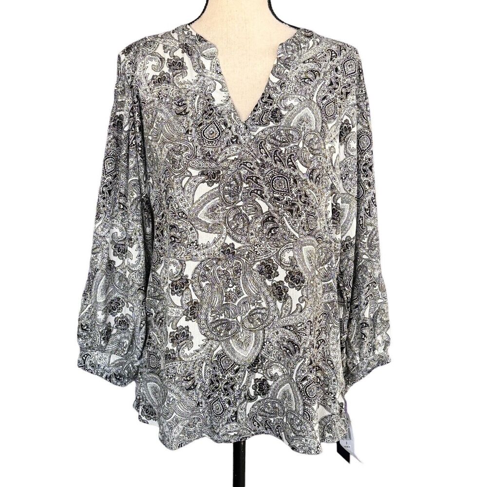 Studio By JPR Small Top Paisley Long Balloon Sleeve V-Neck Hi-Low Metallic New